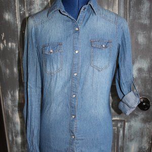 Ci Sono Women's Blue Chambray Long Sleeve Elbow Pads Snap Up Blouse ~S~